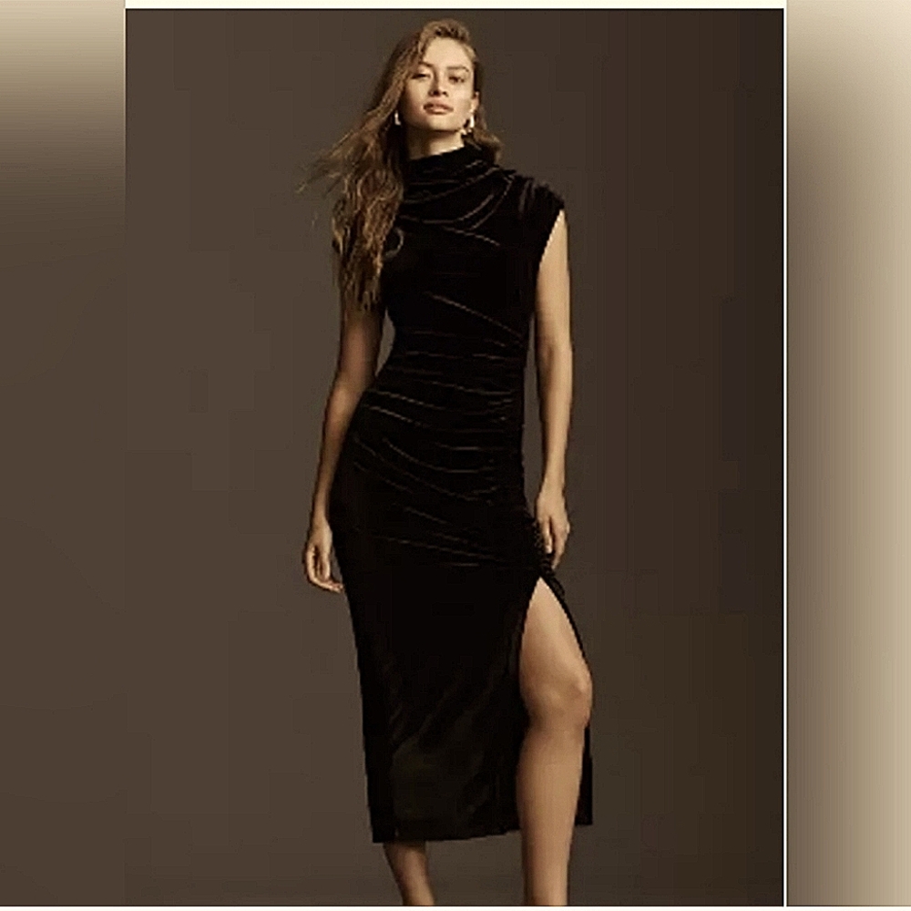 Anthropologie Maya Ruched Cowl-Neck Stretch Black Velvet Maxi Midi Dress Large P